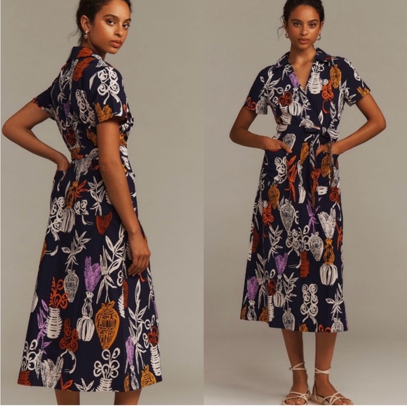 NWT Anthropologie Maeve Short-Sleeve Linen Tie-Waist Midi Dress XS - Picture 3 of 17